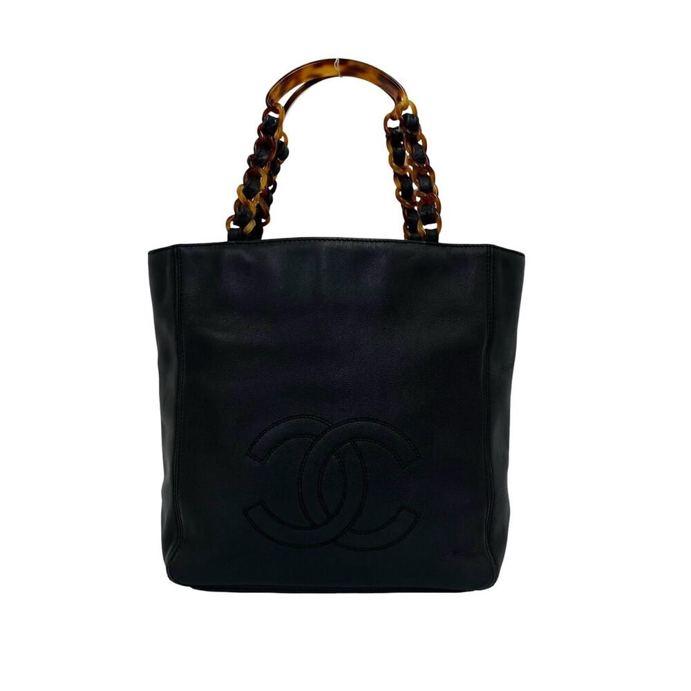 CHANEL Vintage Coco Mark Caviar Skin Plastic Chain Handbag Black 718-6